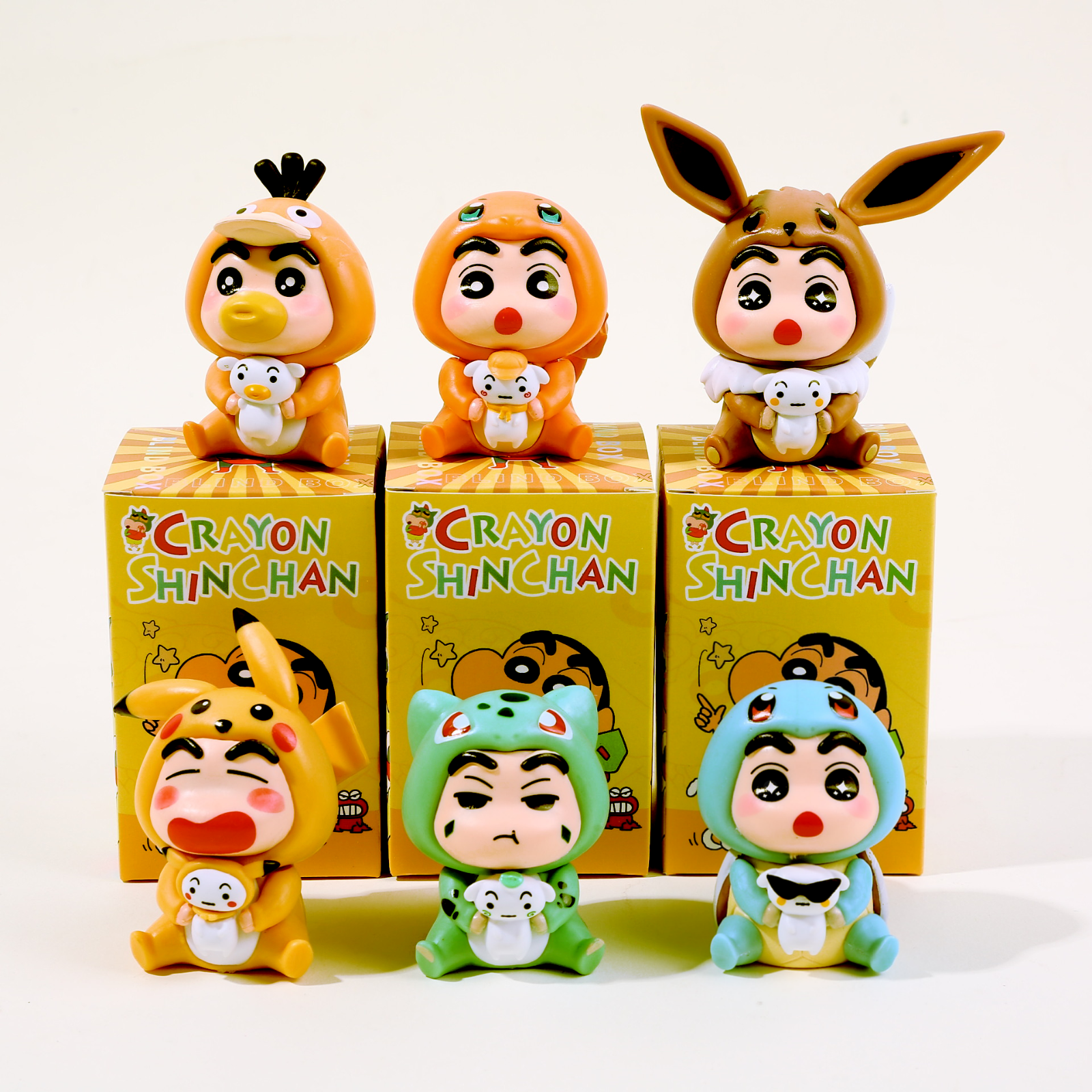 Shin Chan Pokemon Figure Pikachu Eevee Psyduck Squirtle Charmander Bulbasaur PVC