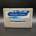 Bahamut Lagoon video game cartridge for Nintendo's Super Famicom (SFC) Entertainment System, shown standing up and facing forwards on a dark grey background.