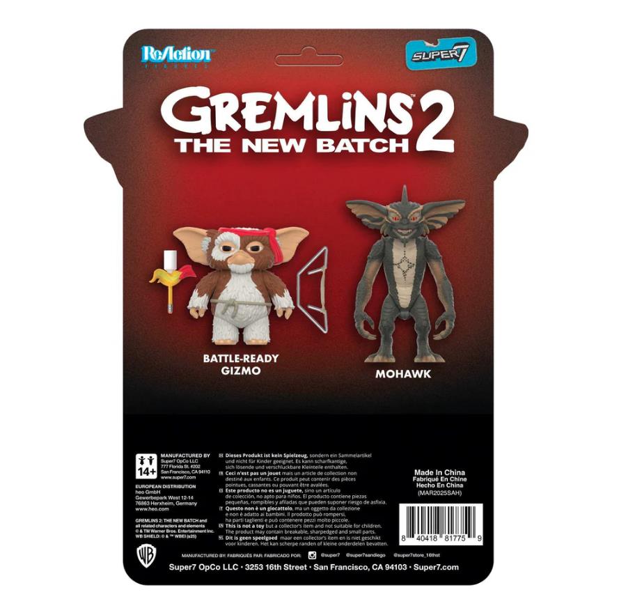 Gremlins 2 action figure packaging with Gizmo and Mohawk on a red and black background.
