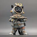 A collectible figurine of a black cat dressed in a detailed steampunk-style metallic gray and gold space suit, holding a futuristic rifle, set against a neutral gray background.