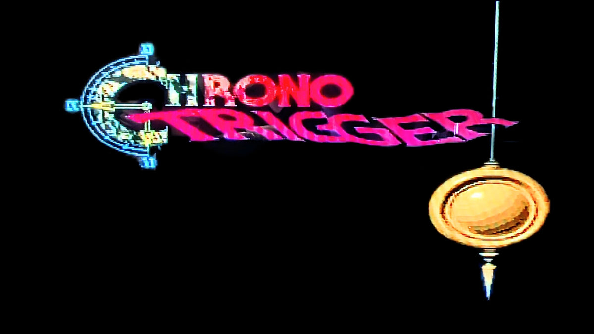 The title screen for the Chrono Trigger video game for Nintendo's Super Famicom (SFC) logo in vibrant pink, blue, and yellow text on a solid black background, with a gold clock pendulum hanging on the right side.