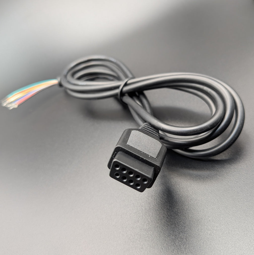 A black multi-pin connector cable with a 9 pin plug, shown on a dark gray background.