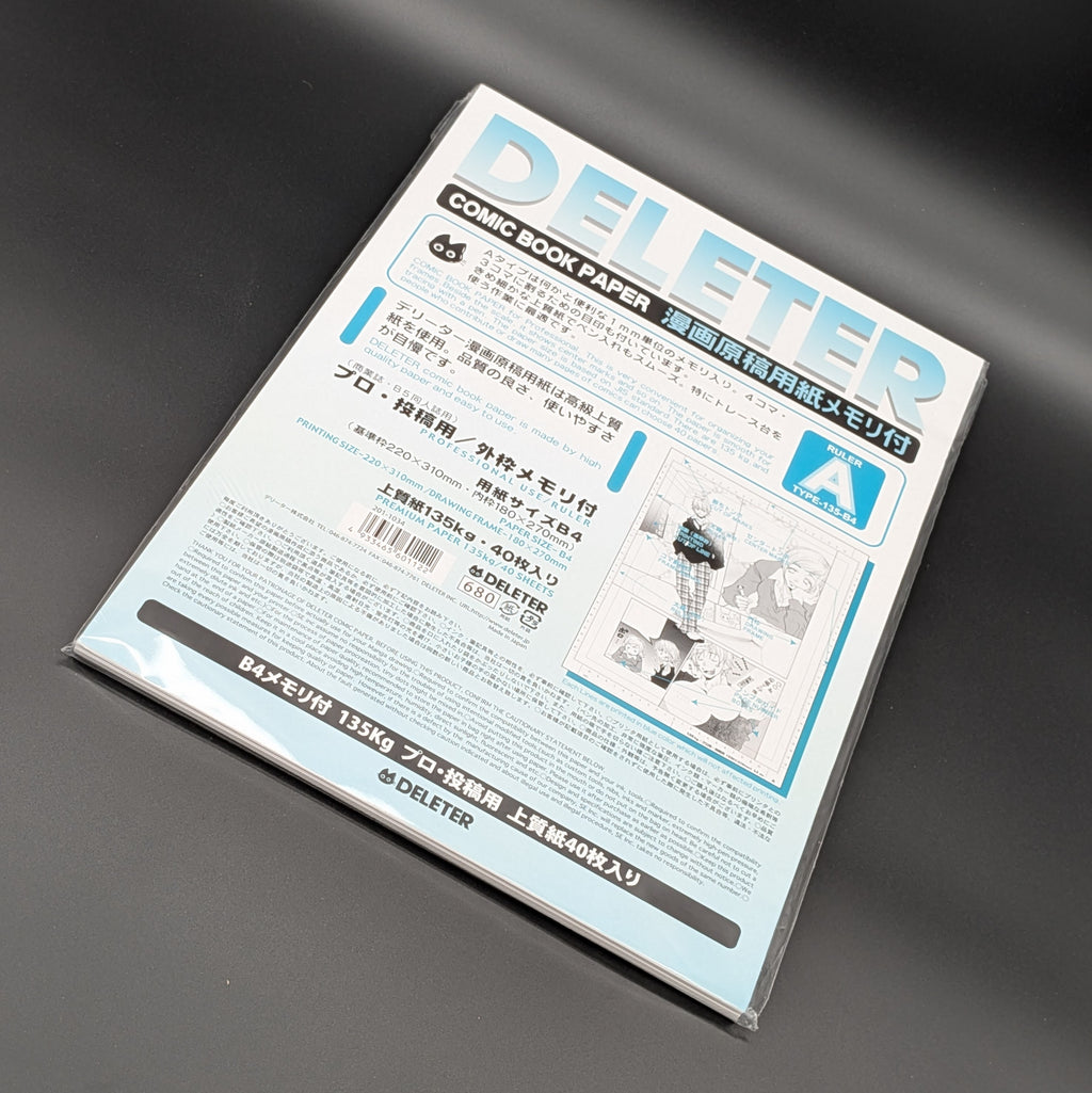 A sealed package of DELTER Comic Book Paper size B4, type A (155gsm), 135kg, containing 40 sheets, shown leaning dramatically right, against a dark grey background.