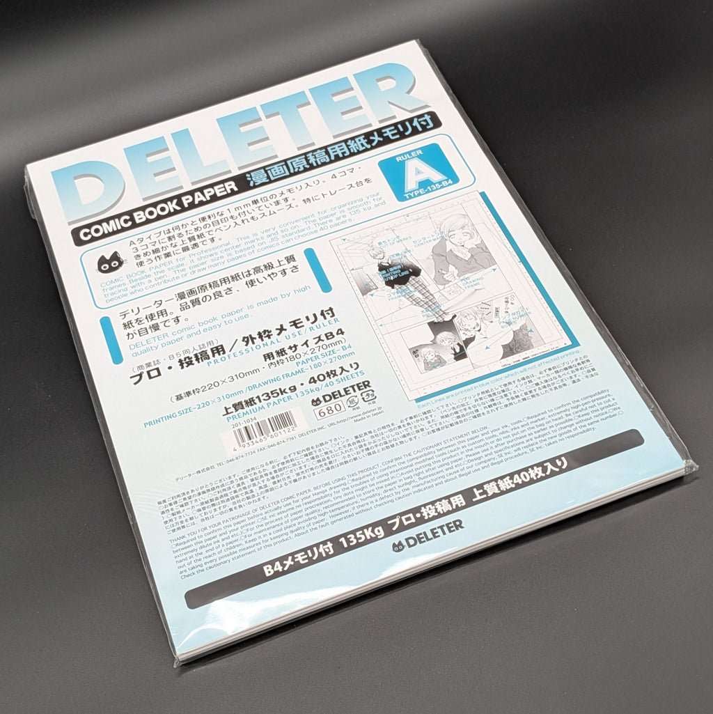 A sealed package of DELTER Comic Book Paper size B4, type A (155gsm), 135kg, containing 40 sheets, shown leaning dramatically left, against a dark grey background.