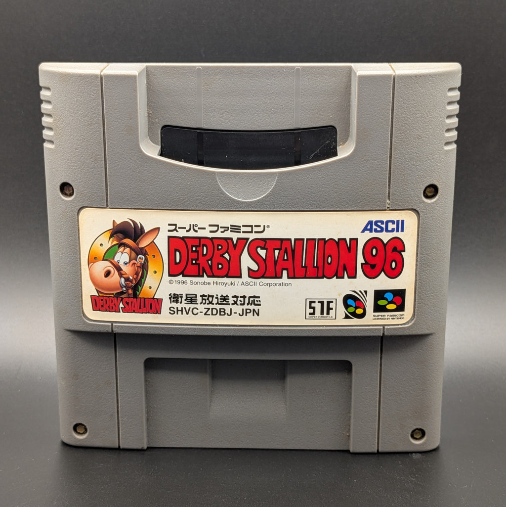 Derby Stallion 96 video game cartridge for Nintendo's Super Famicom (SFC) Entertainment System, shown standing up and facing forward on a dark grey background.
