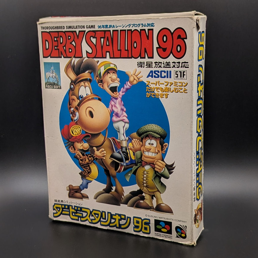 Derby Stallion 96 boxed, a video game for Nintendo's Super Famicom (SFC) Entertainment System, shown standing up facing forwards on a dark grey background. Slight wear and tear at the edges form age.
