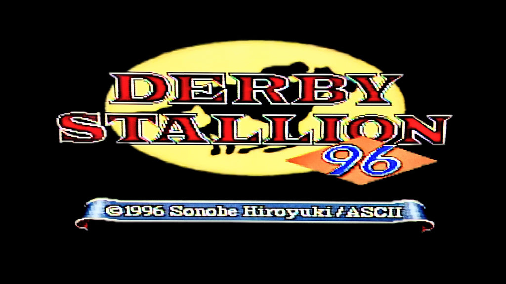 The title screen for Derby Stallion 96 for Nintendo's Super Famicom (SFC) graphic logo reading 'DERBY STALLION 96' with a yellow oval background, red and white lettering, and a blue banner below reading '©1996 Sonobe Hiroyuki/ASCII' on a black background.