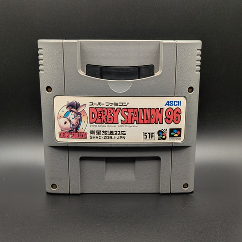 Derby Stallion 96' video game cartridge for Nintendo's Super Famicom (SFC) Entertainment System, shown standing up and facing forward on a dark grey background.
