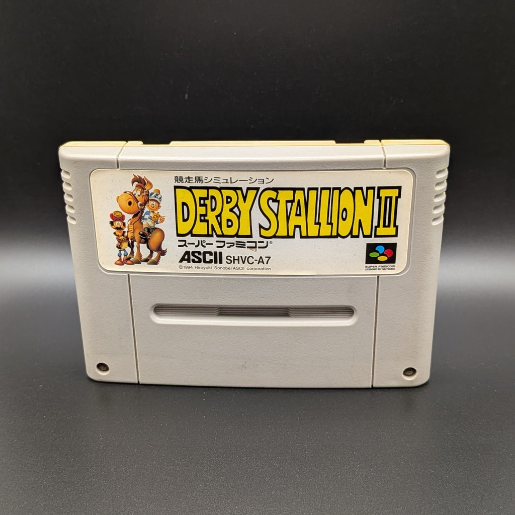 Derby Stallion 2  video game cartridge for Nintendo's Super Famicom (SFC) Entertainment System, shown standing up and facing forward on a dark grey background.

