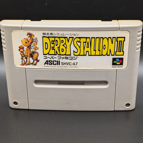 A close up of Derby Stallion 2 video game cartridge for Nintendo's Super Famicom (SFC) Entertainment System, shown standing up and facing forwards on a dark grey background.
