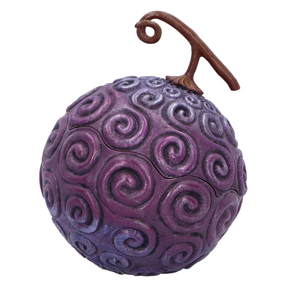 A dark purple anime-style fruit sculpture with a brown stem, featuring a textured spiral pattern, shown on a plain white background. From the beloved show, One Piece.