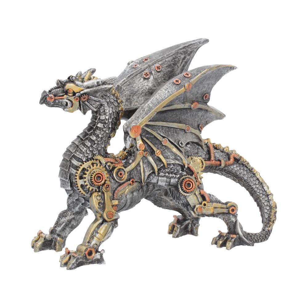 Steampunk dragon figurine with mechanical components on a white background