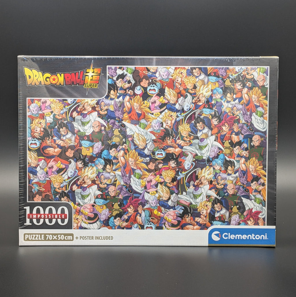 Clementoni Dragon Ball Super 1000-piece jigsaw puzzle box featuring a dense collage of anime characters, shown on a dark gray background.