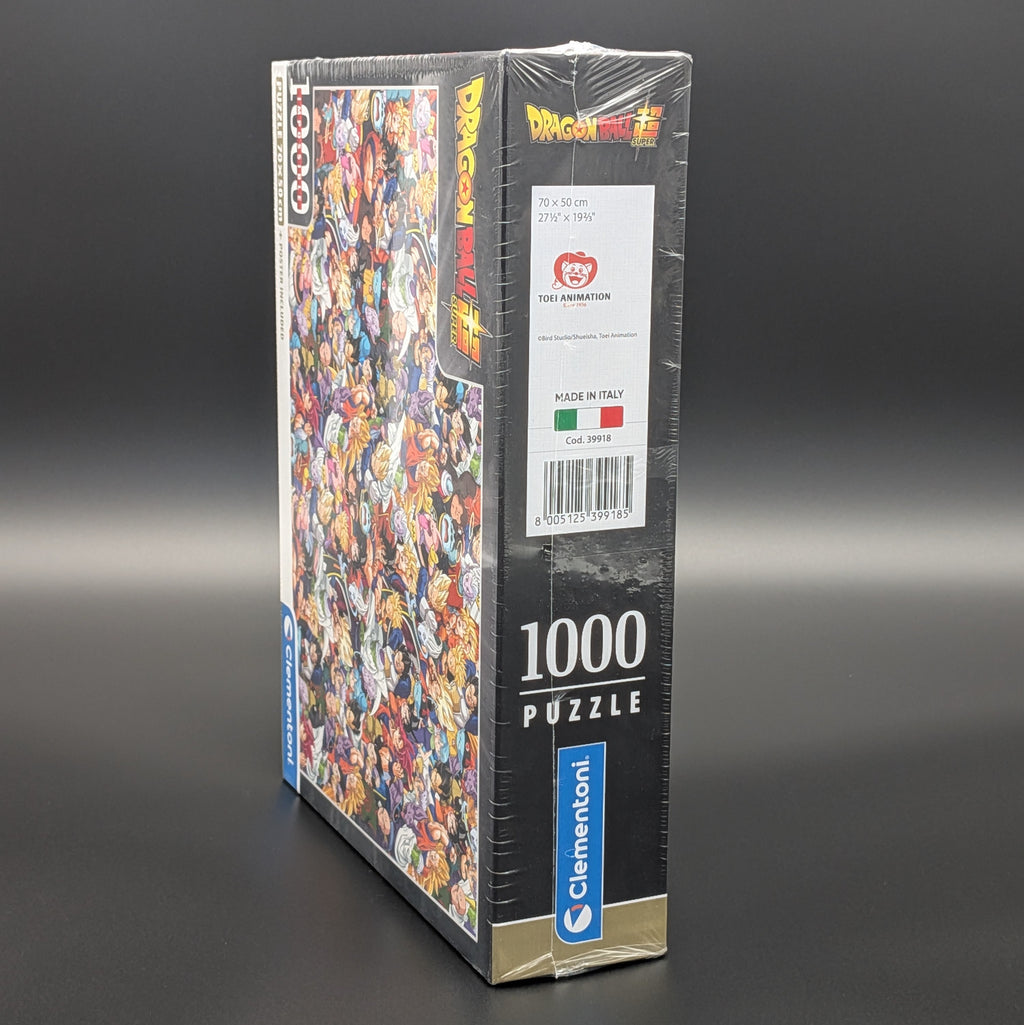 A sealed 1000-piece jigsaw puzzle box from Climentoni featuring Dragon Ball Super characters, standing upright on a dark grey background. Officially licensed by Toei Animation. 