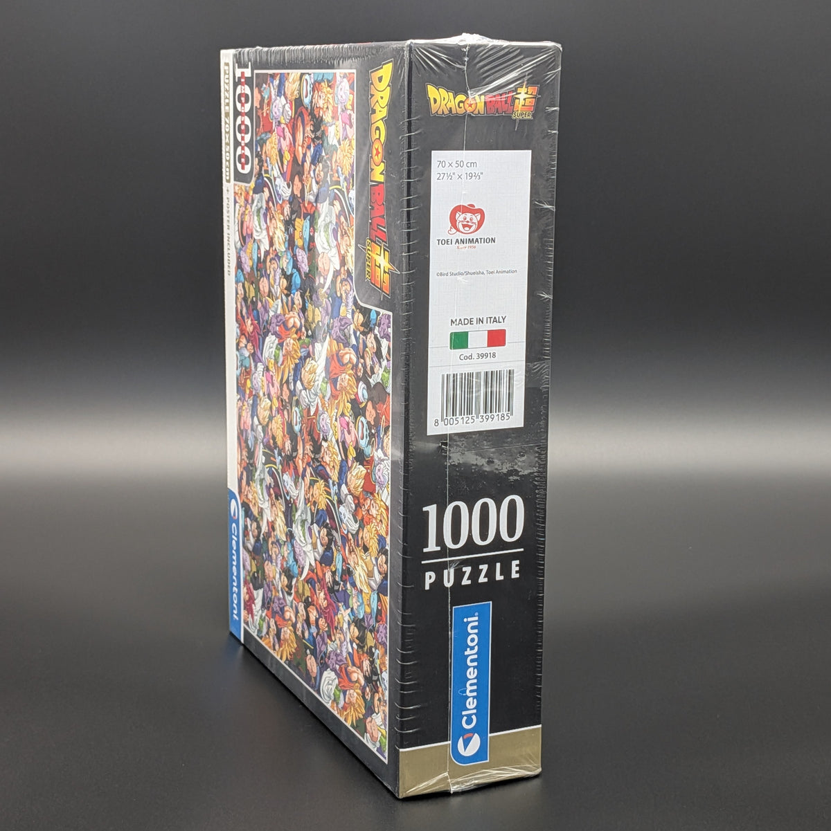 A sealed 1000-piece jigsaw puzzle box from Climentoni featuring Dragon Ball Super characters, standing upright on a dark grey background. Officially licensed by Toei Animation. 