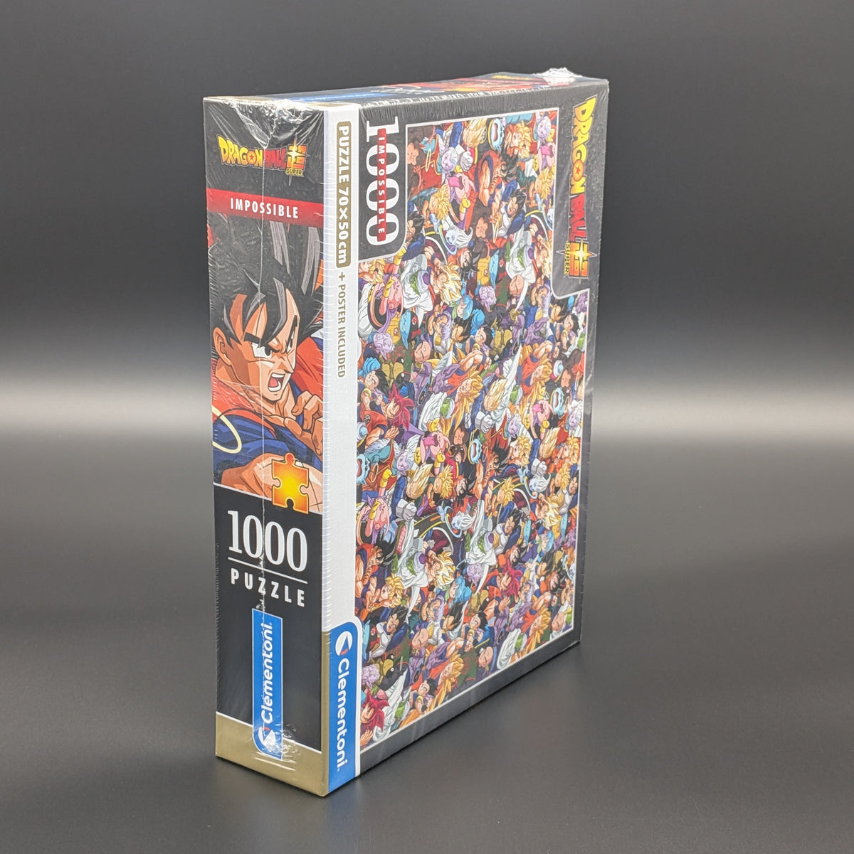 A 1000-piece Dragon Ball puzzle box by Clementoni, featuring artwork of Goku and a dense collage of characters, photographed on a dark gray gradient background.