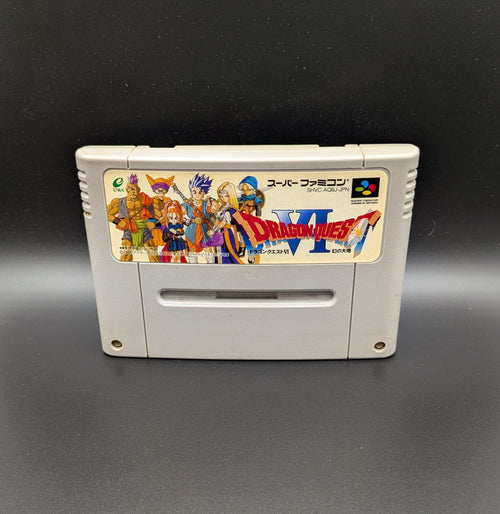 Dragon Quest VI video game cartridge for Nintendo's Super Famicom (SFC) Entertainment System, shown standing up and facing forwards on a dark grey background.