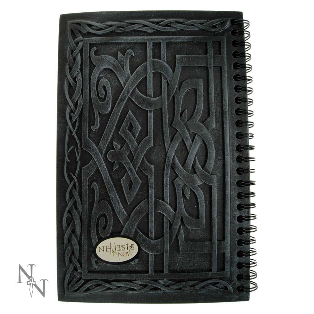 Black notebook with intricate Celtic knot design on a white background
