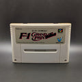 F-1 Grand Prix video game cartridge for Nintendo's Super Famicom (SFC) Entertainment System, shown standing up and facing forward on a dark grey background.

