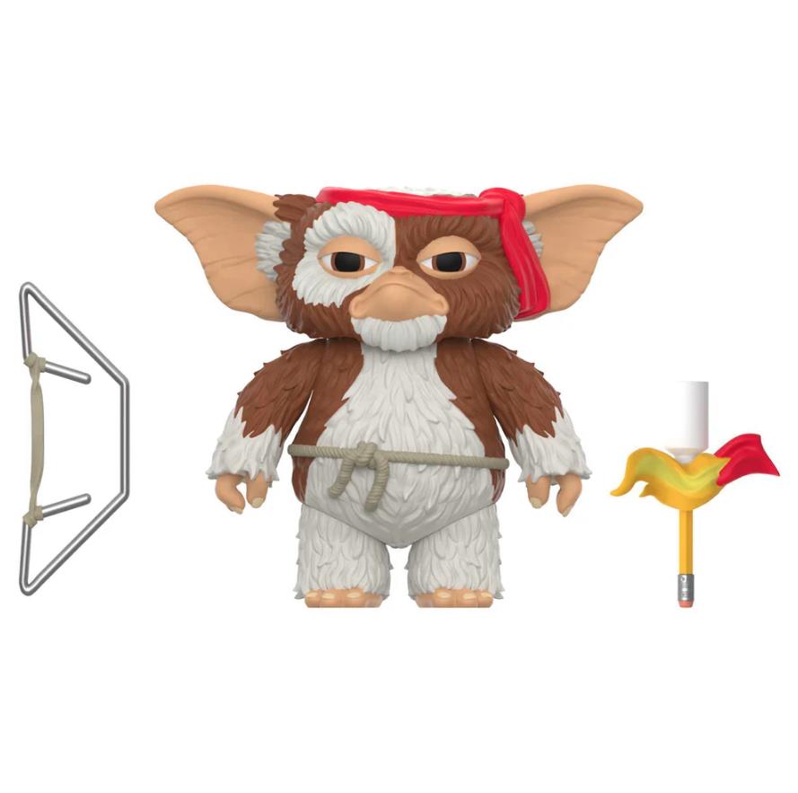 Gizmo action figure from Gremlins with a red bandana and accessories on a white background