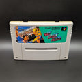 Hat Trick Hero video game cartridge for Nintendo's Super Famicom (SFC) Entertainment System, shown standing up and facing forwards on a dark grey background.