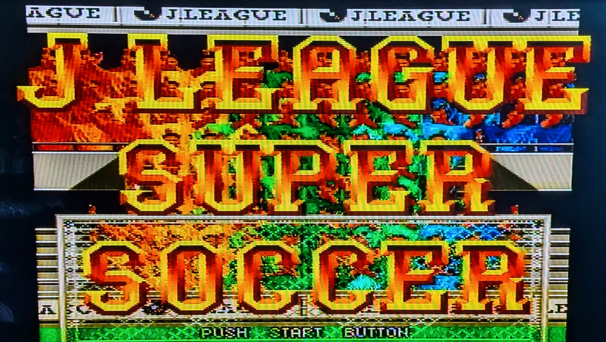 The digital title screen for J League Super Soccer video game cartridge for Nintendo's Super Famicom (SFC) Entertainment System. To show the game has been tested and is in working condition.