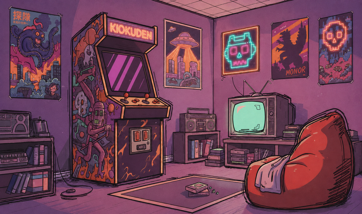 A stylized retro gaming room scene with a Kioduden arcade machine, framed posters on the wall, a vintage television, shelves, and a large red beanbag chair in a purple-toned room.