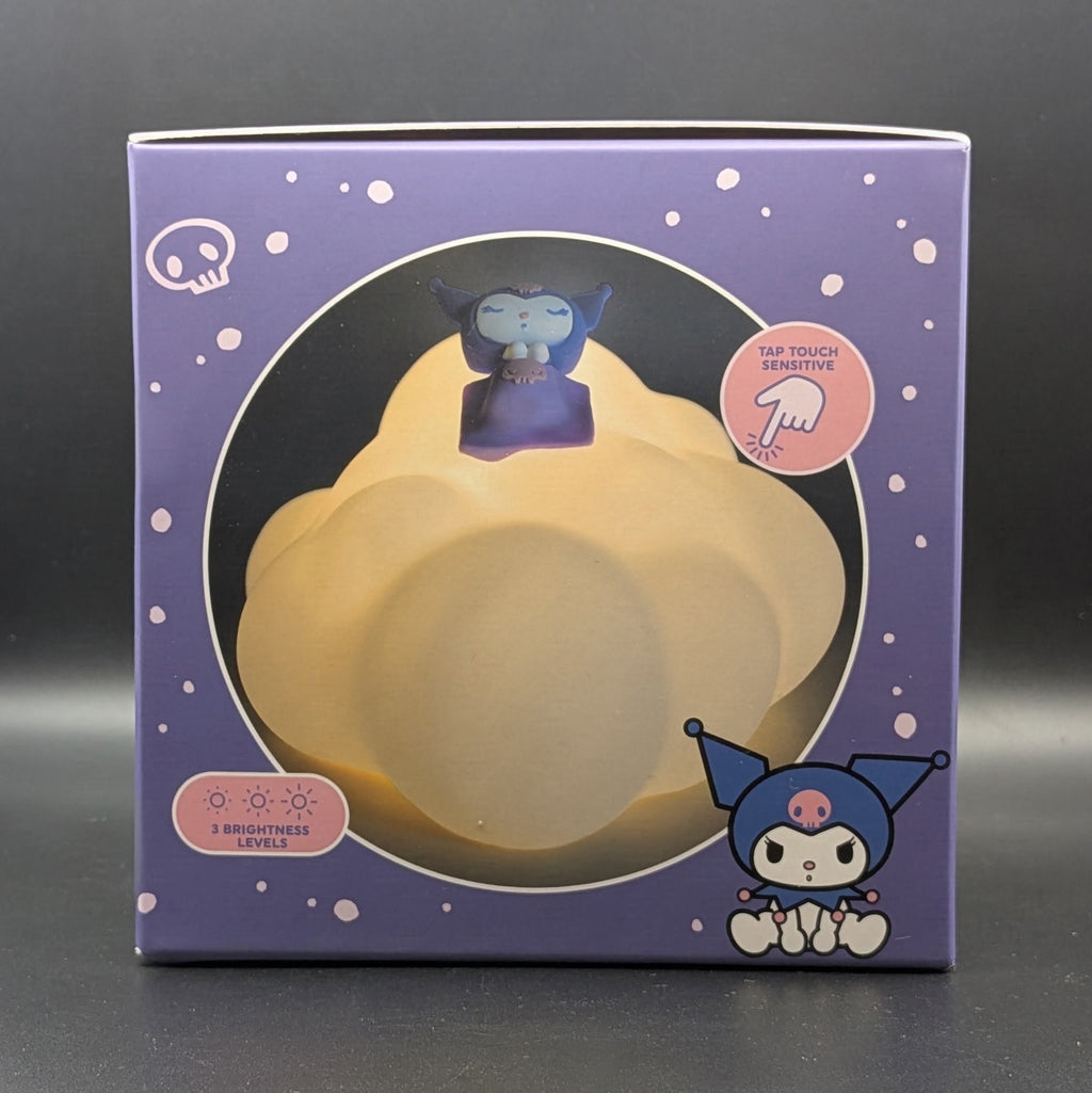 Kuromi cloud night light in its original purple packaging, featuring a glowing cream-colored cloud lamp with a small purple Kuromi figure on top.