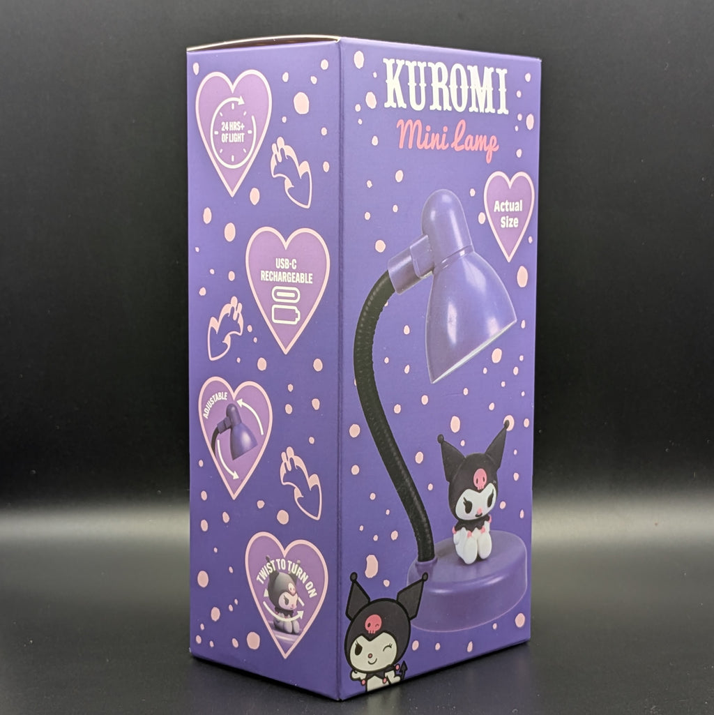 Kuromi Mini Lamp retail packaging box, featuring a purple design with heart graphics, character illustrations, and product details printed on the front and sides.