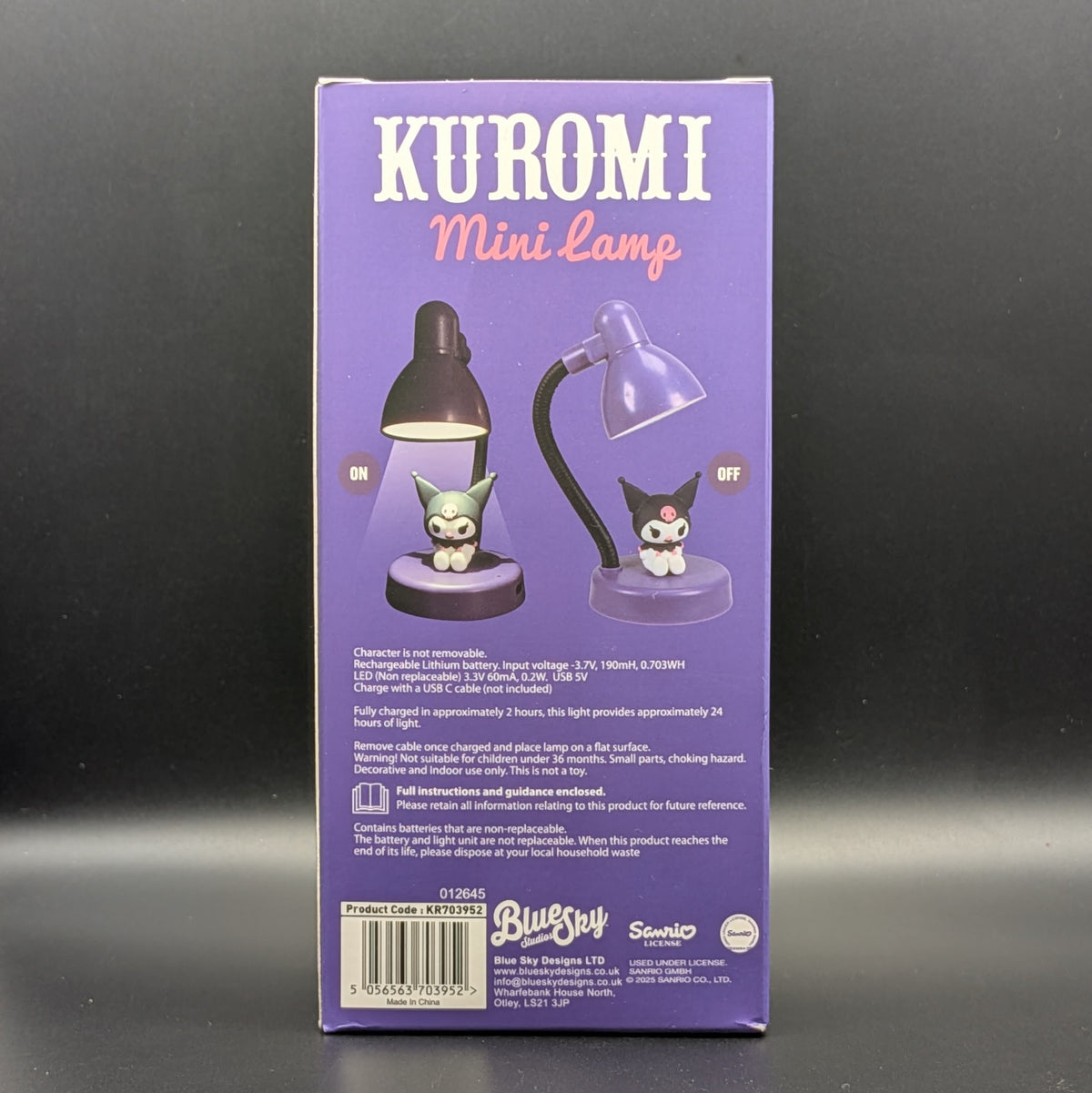 The back of the purple packaging box for the Kuromi Mini Lamp by BlueSky and Sanrio, displayed against a dark gray background.