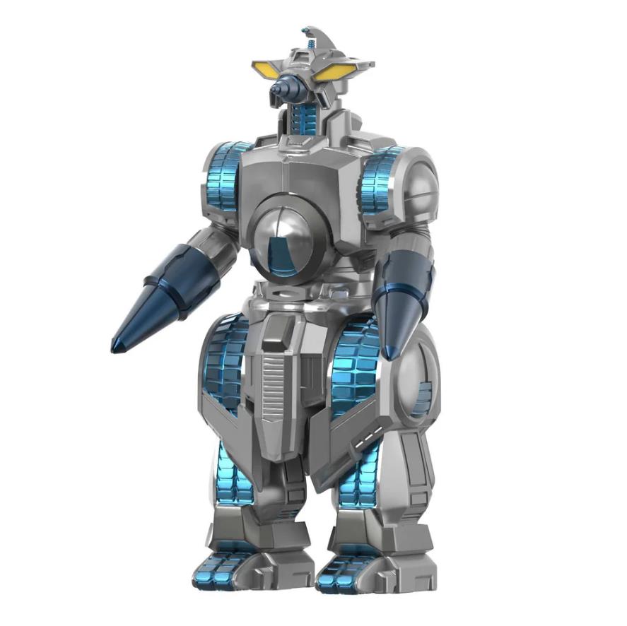 Toy robot with a silver and blue color scheme on a white background