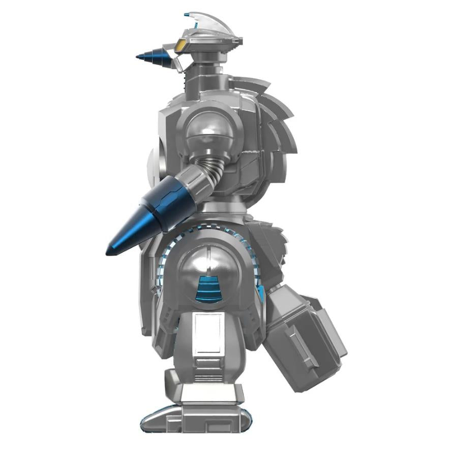 Silver and blue mechanical figure on a white background