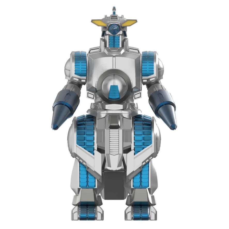Toy robot with blue and silver design on a white background