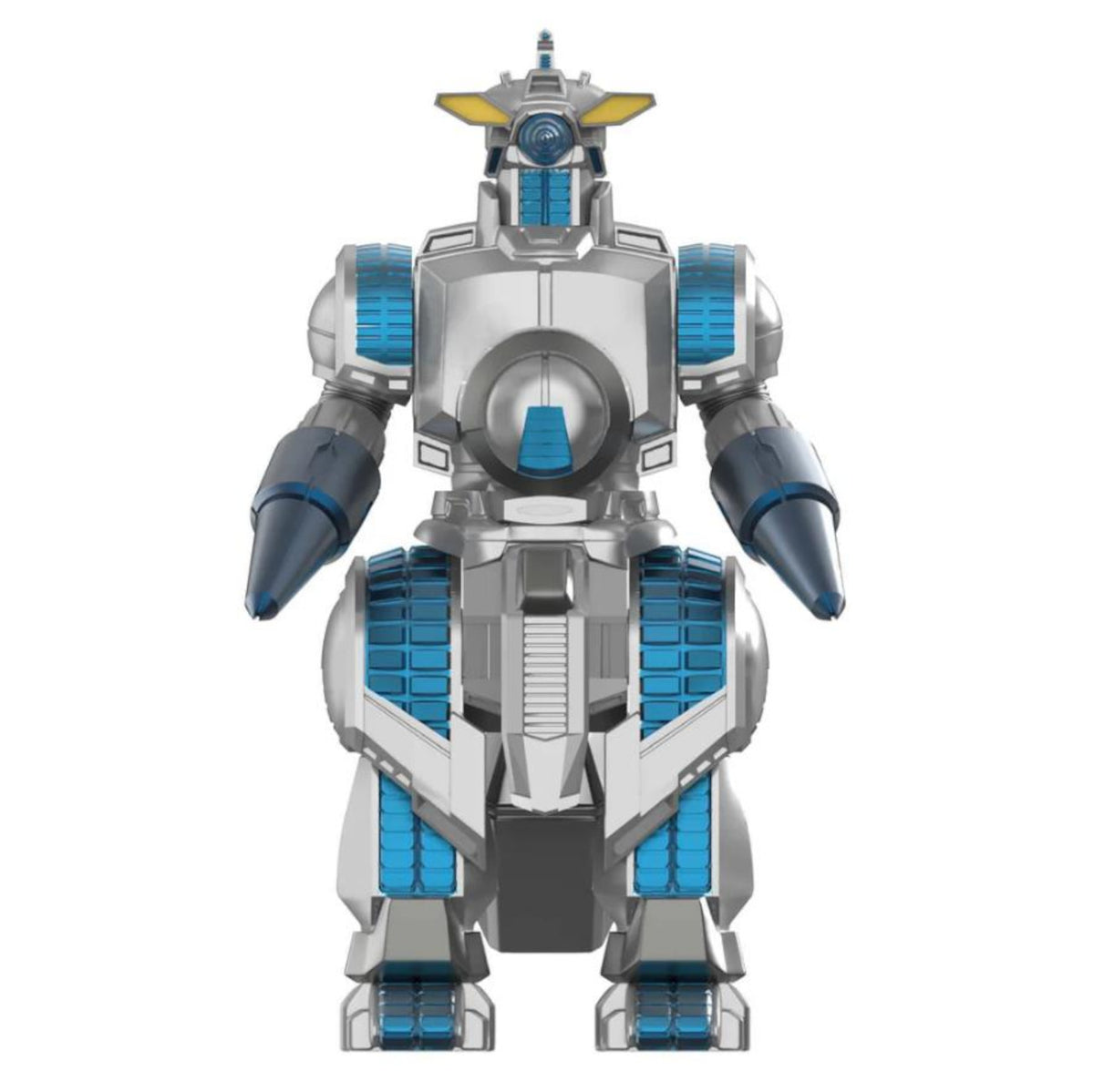 Toy robot with blue and silver design on a white background
