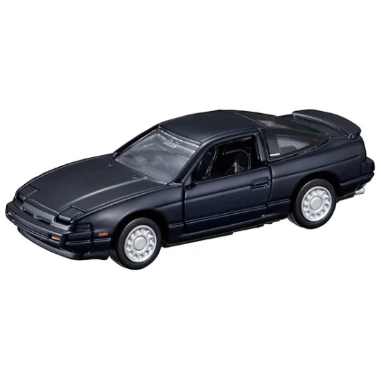 A black die-cast model car, resembling a Nissan 180SX, shown from a three-quarters front angle on a solid white background.