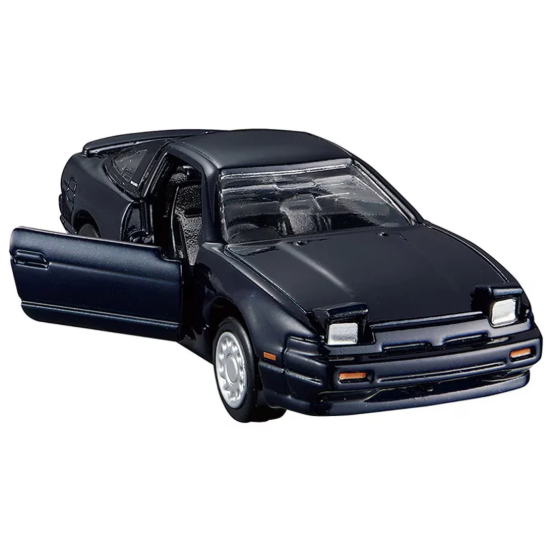 Black toy car with open door on a white background