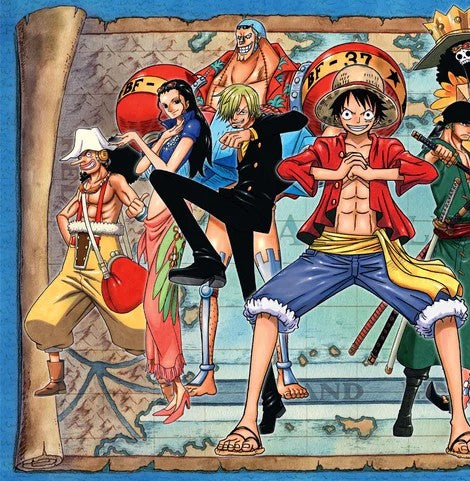 A colorful anime-style illustration of the One Piece crew standing together on a treasure map, with a blue border around the artwork. - Left