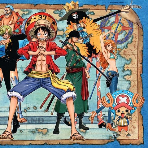 A colorful anime-style illustration of the One Piece crew standing together on a treasure map, with a blue border around the artwork. -Right