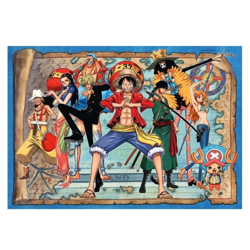 A colorful anime-style illustration of the One Piece crew standing together on a treasure map, with a blue border around the artwork.