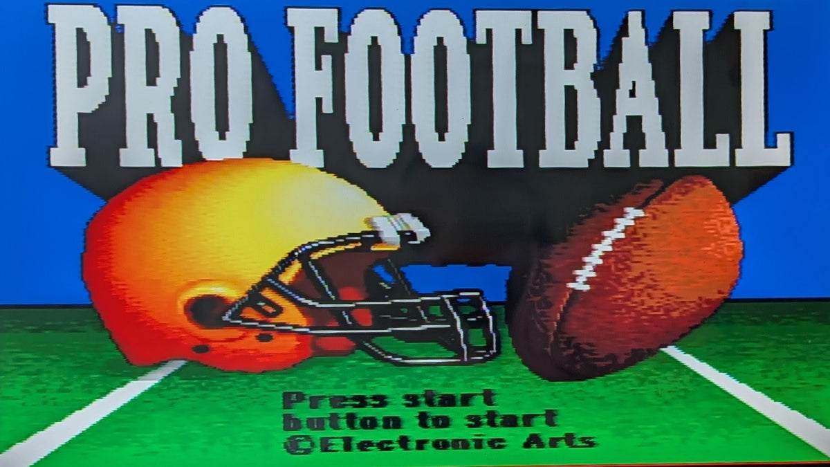Pixel-art title screen for the Pro Football Super Famicom game, with large white text reading 'PRO FOOTBALL' above an orange helmet, a brown football, and a green field. Small text at the bottom reads 'Press start button to start' and '©Electronic Arts'.