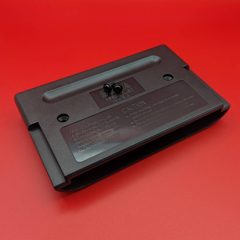The underside of a black plastic video game cartridge, featuring two black screws and safety warnings, set against a solid red background.