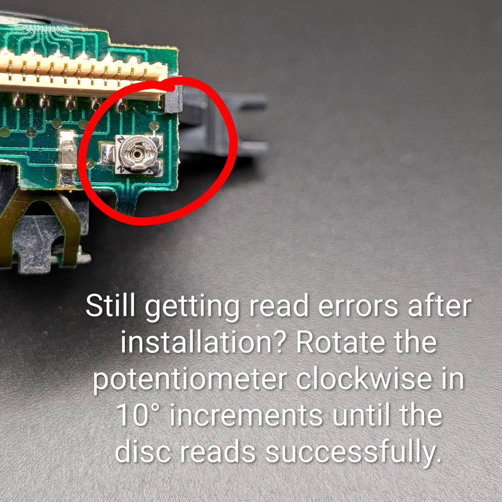 Close-up of a small electronic potentiometer on a green circuit board, circled in red, with overlaid text advising  incremental rotation clockwise to resolve read errors on a disc.