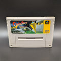 Spindizzy Worlds video game cartridge for Nintendo's Super Famicom (SFC) Entertainment System, shown standing up and facing forwards on a dark grey background.