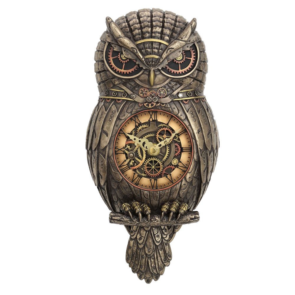 Steampunk-style owl clock with intricate details on a white background
