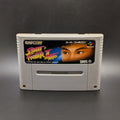 Street Fighter 2 Turbo: Hyper Fighting video game cartridge for the Super Famicom Entertainment System, shown standing up and facing forward on a dark grey background.
