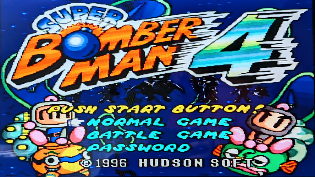 Super Bomber Man 4 video game title screen with colorful retro graphics, menu options including Normal Game, Battle Game, and Password, and Hudson Soft copyright text at the bottom.