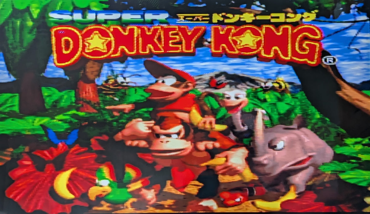 The opening screen for Super Donkey Kong SHVC-8X for the Super Famicom. This shows the game in working order.