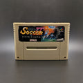 Super Formation Soccer 2 video game cartridge for Nintendo's Super Famicom (SFC) Entertainment System, shown standing up and facing forward on a dark grey background.
