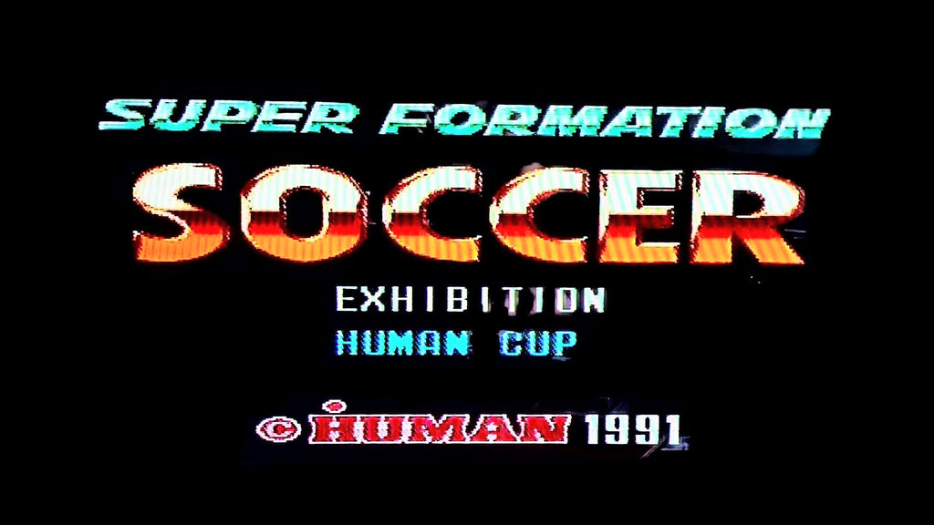 The game title screen for Super Formation Soccer, featuring a black graphic with large stylised text reading 'SUPER FORMATION SOCCER EXHIBITION HUMAN CUP' and '© HUMAN 1991' in glowing cyan, orange, and red tones. Released by Nintendo for the Super Famicom (SFC).