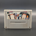 Super Bomberman 4 video game cartridge for Nintendo's Super Famicom (SFC) Entertainment System, shown standing up and facing forward on a dark grey background.
